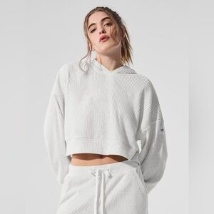 ALO Yoga Women's Muse Hoodie Ribbed Cropped Top in White Heather